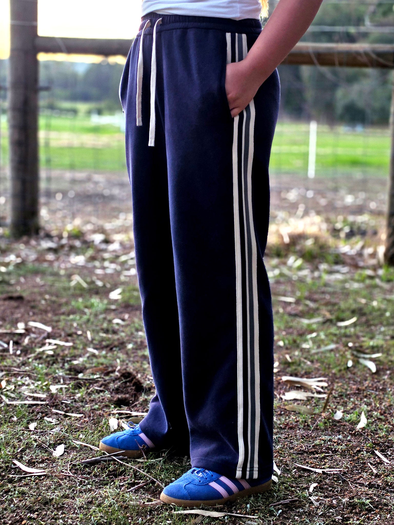 Lost Peaches Boutique Navy OG Retro Track Pants – full-length view, straight-leg trackies for women