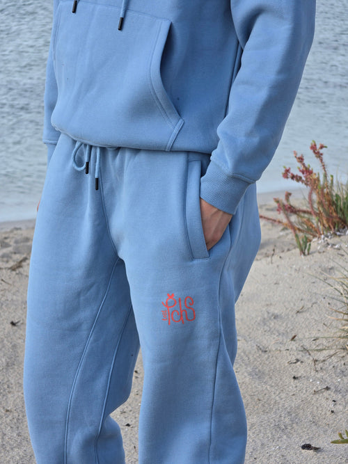 Lost Peaches Boutique Coastal Blue sweatpants – women's cosy fleece-lined blue trackies, front view