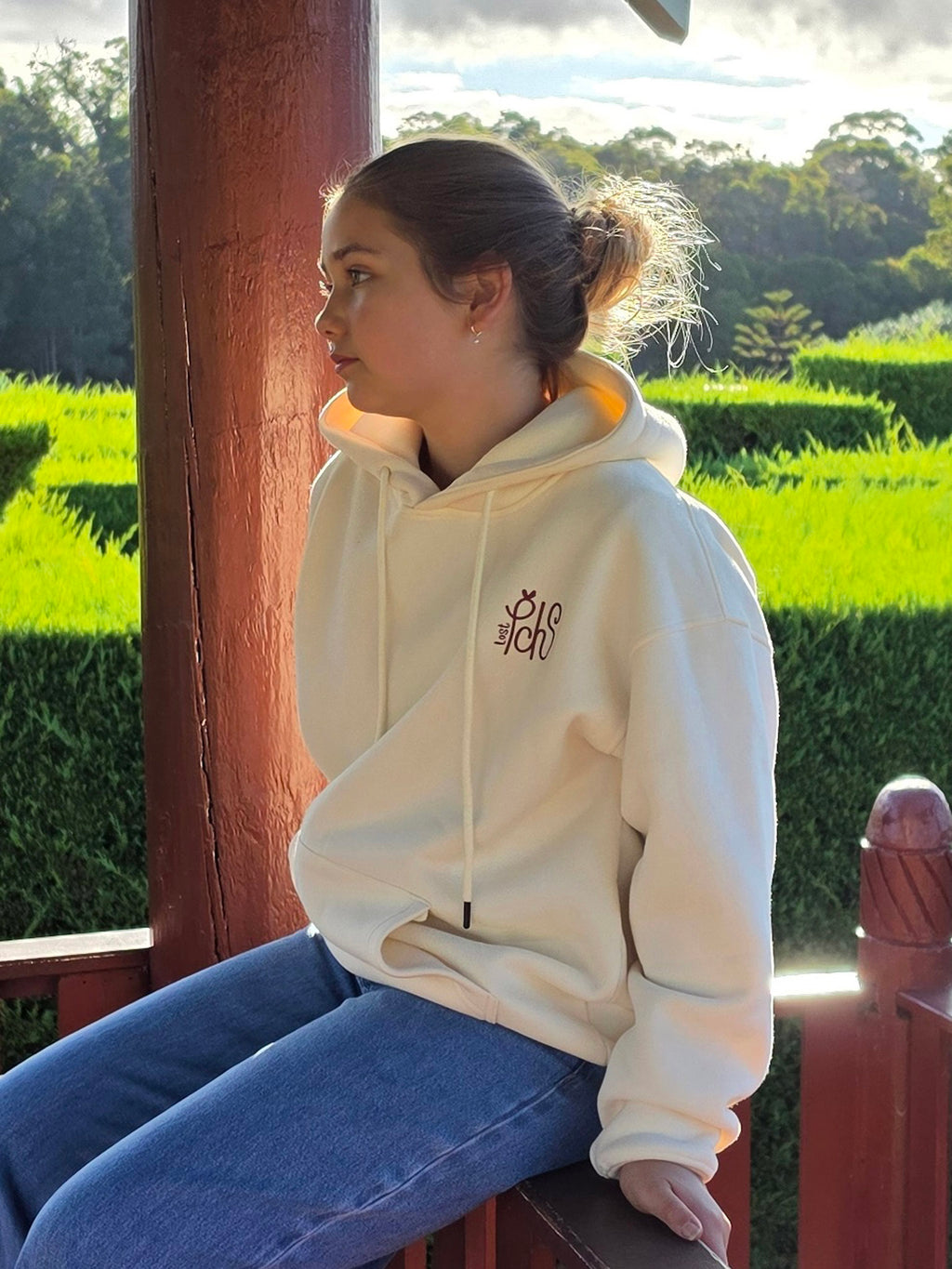 Lost Peaches Boutique Butter hoodie – women's oversized yellow pullover hoodie, detail view